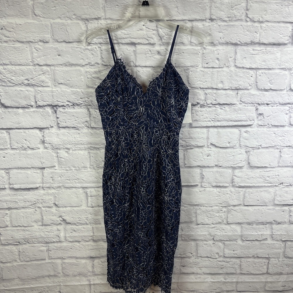 Chelsea 28 NWT Y2K 90s Navy & Metallic Lace Sheath Midi Cocktail Dress Size XS